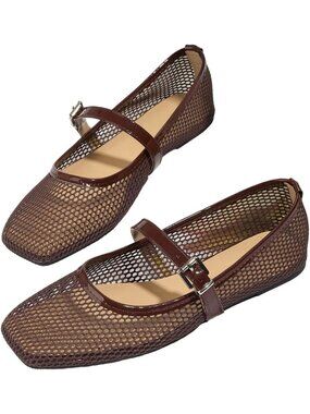 Women's Lace Mesh Ballet Flats Shoes Brown B Square Closed Toe Shoes Summer Flat